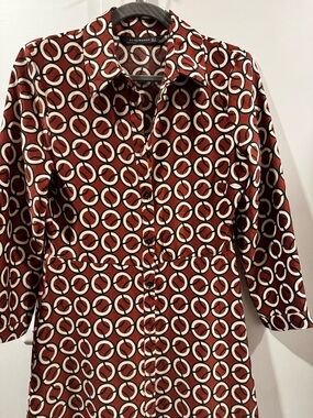 Zara  Rust and Cream Circular Print Button-Down Dress